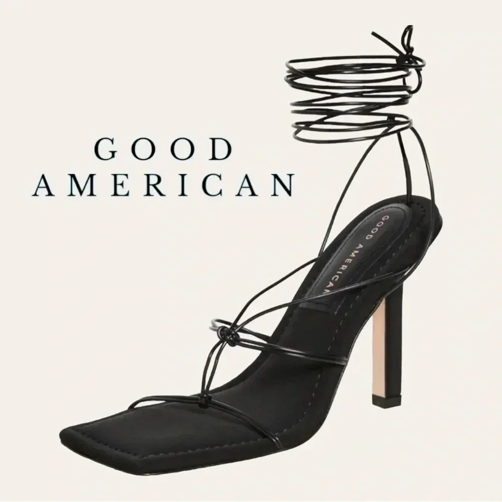 0203. NEW IN BOX GOOD AMERICAN CAGED SLANTED SANDALS BLACK IN COLOR‎ SIZE 9